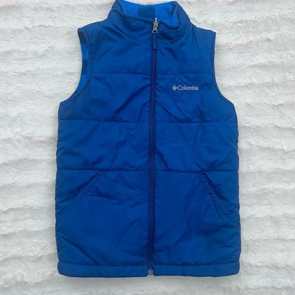 Columbia Puffer Vest Youth Boys/Girls Color Blue & Plaid Revisable